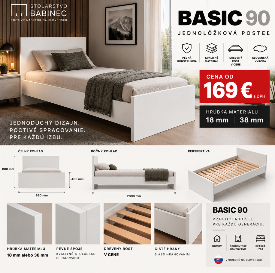 Produktová vizualizácia postele BASIC 90 s rozmermi