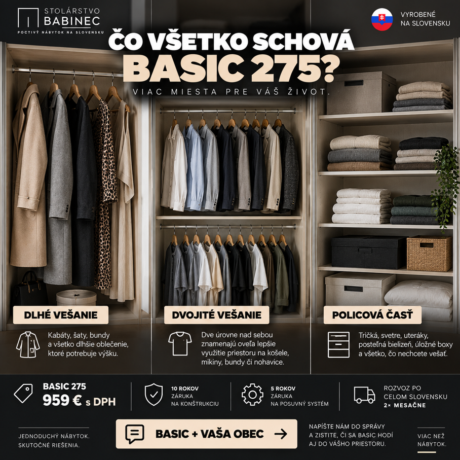 Ilustračné vnútorné usporiadanie BASIC 275 s dlhým vešaním, dvojitým vešaním a policami